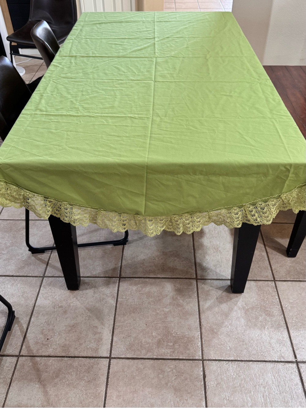 Vintage Handmade Lime Green Oval Tablecloth 86x66 Lace Trim Cottagecore